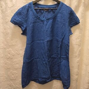 Flax Women Blue 100% Linen Short Sleeve Scoop Neck Relaxed Blouse Top Medium